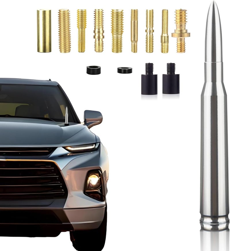 Seprochoo Chrome Antenna 50 Cal Car Truck Bullet Antenna Truck Accessories Universal Replacement for GMC Sierra 1500 Chevy Dodge Ram Silverado 1500 2500 3500 Ford F150 F250 F350 (Chrome) - Image 1